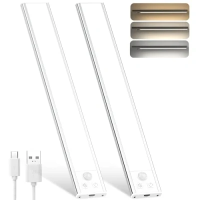 Imagen de OUILA Luz de Armario con Sensor Movimiento,31CM Recargable Nocturna temperatura 3 colores,Regulable Lampara LED Adhesiva para Gabinete, Pasillo, Escalera, Sótano, Cocina, Garaje 2PCS