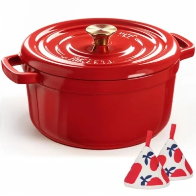 Imagen de Overmont Horno holandés de hierro fundido esmaltado, olla 5 cuartos con tapa, libro cocina y agarraderas algodón, utensilios resistentes para estofar, guisos, asar, hornear pan,