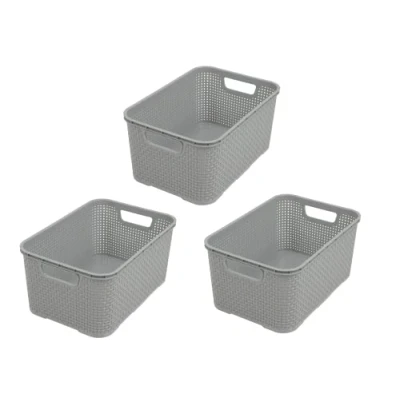 Imagen de BranQ Home Essential Cesta en diseño de ratán, juego 3 unidades, tamaño S, 7 L, sin bisfenol A, plástico polipropileno, gris claro