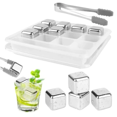 Imagen de VFANDV Cubitos Hielo Reutilizable, 12 Piezas de Acero Inoxidable, 304 Inoxidable Piedras Whisky y Pinzas, Whiskey Ice Cube Stone para Cócteles, Whisky, Vino, Puré Frutas