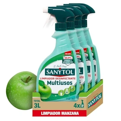 Imagen de Sanytol Limpiador Desinfectante Multiusos, Perfume Manzana Pack de 4 x 750 Ml = 3L