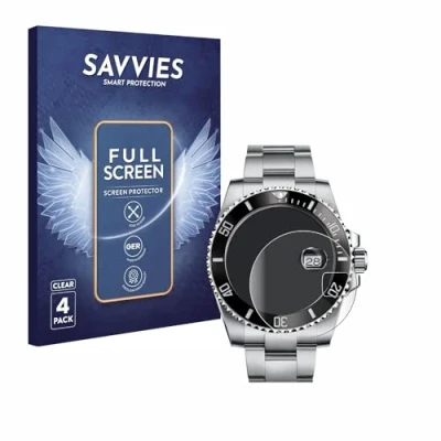 Imagen de savvies (4 Unidades Full Screen Protector para Rolex Submariner (Date) Cover Pantalla [3d Curvo, Completa, Transparente]