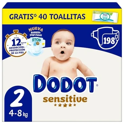 Imagen de Dodot Pañales Bebé Sensitive, Talla 2 (4 8 kg), 198 + 1 Pack de 10 Toallitas Gratis Aqua Plastic Free, Nº1 en Protección la Piel Dodot, Mensual