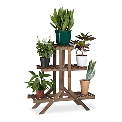 Imagen de Relaxdays Soporte Plantas para Interior 3 Niveles, Madera, Marrón oscuro, 82,5 x 83 28,5 cm