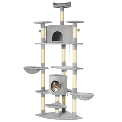 Imagen de PawHut Árbol Rascador para Gatos Altura 200 cm Torre con 2 Cuevas Hamacas Cama Múltiples Plataformas Postes de Sisal y Bolas Juguete 60x60x200 Gris