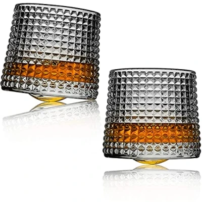 Imagen de Minkabo vasos de whisky giratorios para descompresión, juego 2 estilo bar ron escocés Bourbon (cuadros) (9 onzas) (Minkabo 37)