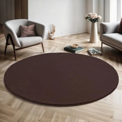 Imagen de the carpet Relax Alfombra Moderna y mullida de Pelo Corto, para salón, Parte Inferior Antideslizante, Lavable hasta 30 Grados, Muy Suave, Marrón, 120 cm Redondo