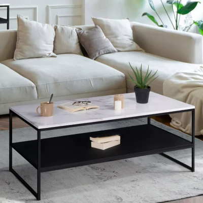 Imagen de IDMarket Mesa Baja Alaska Doble Bandeja Efecto mármol y Negro Patas metálicas
