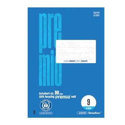 Imagen de Staufen Cuaderno escolar Green DIN A5, línea 9 (10 mm a rayas con margen), 10 cuadernos por 16 hojas, papel reciclado de 90 g/m², esquinas redondas para evitar orejas burro
