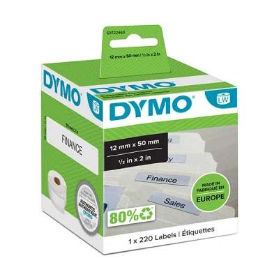 Imagen de DYMO LW etiquetas auténticas para carpetas colgantes, 12 mm x 50 mm, rollo de 220 con reverso fácil retirar, autoadhesivas, etiquetadoras LabelWriter