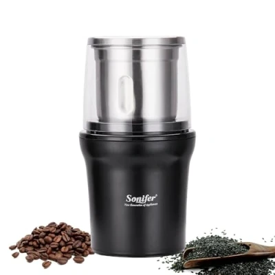 Imagen de Molinillo eléctrico para especias y café, capacidad de 180 g, potencia 300 W, recipiente extraíble acero inoxidable moler granos nueces, especias, cereales hierbas.