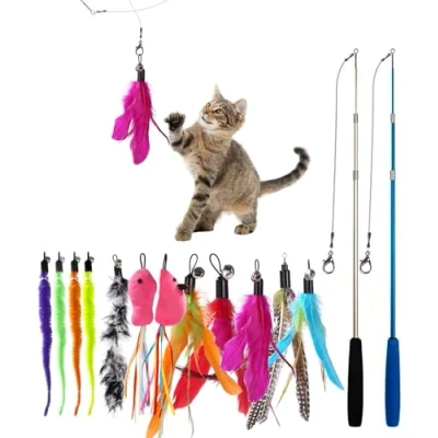 Imagen de Hixava Juguete Pluma de Gato Interactivo 14 Piezas Juguetes para Gatos Set Juegos con 2 Caña Pescar y 12 Teaser Plumas Ejercitar