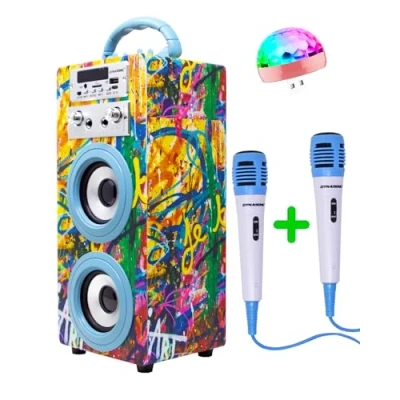 Imagen de Máquina de Karaoke Portátil DYNASONIC, Altavoz con 2 Micrófonos, Bluetooth, Luz USB incluida, Lector y SD, diseño Exclusivo, Regalo Original (025 22 luz)