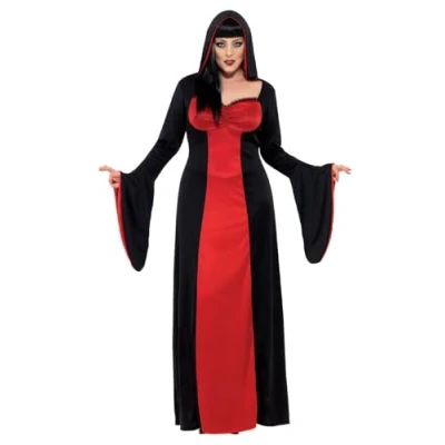 Imagen de Smiffys Disfraz de vampiresa siniestra, Rojo y negro, con vestido largo capucha