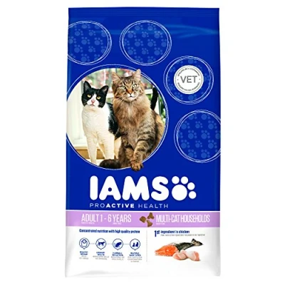 Imagen de IAMS ProActive Health Comida para gatos adultos y senior, hogares con varios gatos, salmón pollo, 15 kg