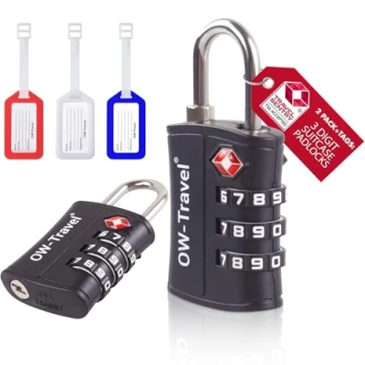 Imagen de OW Travel Candado maleta TSA+3 Etiquetas de equipaje. ABS numerico. Combinacion Taquilla. Candados para mochilas maletas. Taquilla Gimnasio. seguridad equipaje Negro 2
