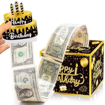 Imagen de GEBETTER Regalo Cumpleaños, 1* Caja Dinero Happy Birthday + 30* Bolsas Plástico Transparentes Celofán Tarjeta Tarta, Hucha Sorpresa Billete Moneda en Efectivo Fiesta Cumpleaños Papel (Negro Oro)