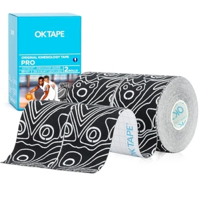 Imagen de OK TAPE Pro cinta de kinesiología, 5cm x 5m corte libre, atlética elástica terapéutica sin látex,(2 Rollos,Negro Blanco)
