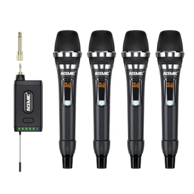 Imagen de ACEMIC Sistema de Micrófono Inalámbrico UHF 4 Canales con Micrófonos Dinámicos Mano para Servicios Religiosos, Discursos, Bodas y Máquinas Karaoke
