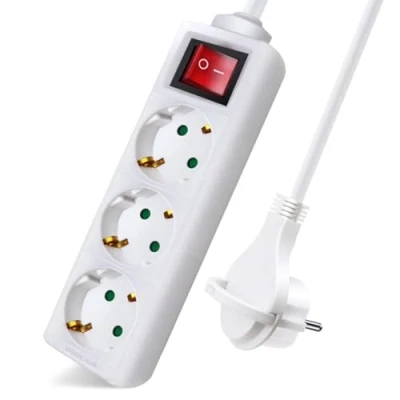 Imagen de EXTRASTAR Regleta Alargador con 3 Enchufes e Interruptor, Cable 1.5M Clavija Plana, para el hogar, Oficina y Viajes, 16A, 250V, 3680W, Blanco