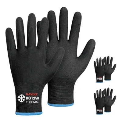 Imagen de KAYGO 3 pares guantes de trabajo recubiertos nitrilo, revestimiento térmico invierno, agarre y flexibilidad, ideal para coches almacén congelación en clima frío, KG12W (Negro, M, Talla 8)