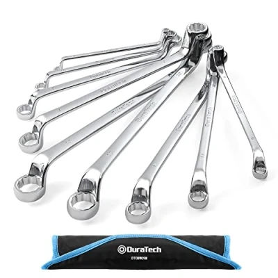 Imagen de DURATECH Juego de llaves estrella dobles, 9 piezas, métricas, acodada, compensación 75 grados, 6 23 mm, acero al cromo vanadio, con funda enrollable