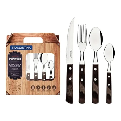 Imagen de TRAMONTINA Juego de Cubiertos Polywood, para Comida, en Acero Inoxidable y Mangos Madera Utensilios con Remaches Aluminio, 24 Piezas