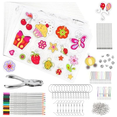 Imagen de 218 Pcs Shrink Plastic Set Termocontraíble Plastico Magico Incluye 20 Papel de Película Retráctil 12 Lápices Colores Perforador Llaveros para Niños Manualidades DIY