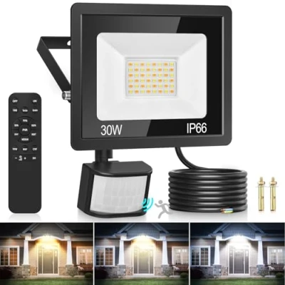 Imagen de TailcasLED Foco LED Exterior con Sensor Movimiento, 30W 2700LM 3000K/4000K/6500K Proyector Control Remoto, IP66 Impermeable Focos para Jardín Patios Garaje