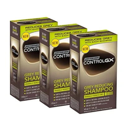 Imagen de Just For Men Control GX Grey Reducing Champú para cabello gris, con aceite de coco y aloe vera, nueva fórmula mejorada, todos los tonos, 118 ml x 3 uds + Pack Promoo