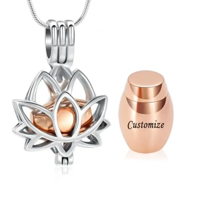 Imagen de VCCWYQK Collar con colgante de cenizas flor loto y mini Keepsake Urn Memorial Cenizas, Acero inoxidable, Sin piedras preciosas