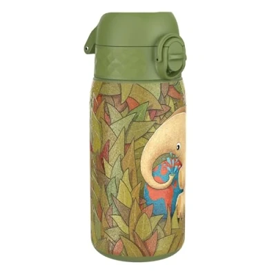 Imagen de ION8 Botella Agua Acero Inoxidable para Niños, 400ml, a Prueba de Fugas, Fácil Abrir, Cerradura Segura, Apta Lavavajillas, Tapa Abatible, Asa Transporte, Limpiar, Diseño Elefante