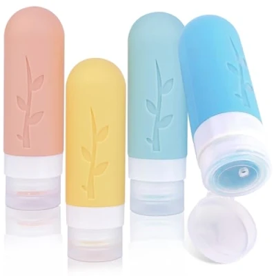 Imagen de AiQInu Juego De Botellas Viaje, 4 Pack Viaje Silicona 90ml, Botes Rellenables A Prueba Fugas Para Gel, ChampúS, Lociones Y ArtíCulos Tocador, Sin BPA