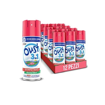 Imagen de Oust 3 en 1 para tejidos de decoración y superficies, mata el 99,9 % las bacterias, fragancia Fresh Garden, formato repuesto 12 unidades 400 ml