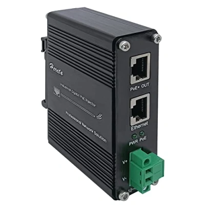 Imagen de Inyector industrial Gigabit PoE+ endurecido de 12 48 V CC con riel DIN y montaje en pared que conecta el dispositivo PoE IEEE 802.3 af/at (30 W)