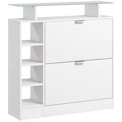 Imagen de HOMCOM Zapatero Moderno de Entrada Recibidor con Cajones Abatibles Estantes Ajustables y Abiertos para 12 Pares Zapatos Estrecho Pasillo 89x25x92 cm Blanco