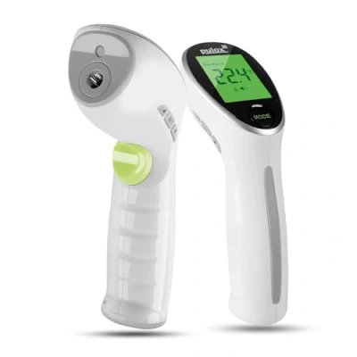 Imagen de Pulox Termómetro clínico infrarrojo 2 en 1 digital frontal y de superficie para bebés adultos Pantalla LCD, alarma fiebre memoria