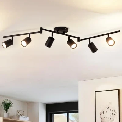 Imagen de ANWIO Foco Giratorio Ajustable de Metal Negro con 6 Bases GU10 Diseño Moderno para Lámpara Techo en Dormitorios, Pasillos y Salones(Sin Bombillas).