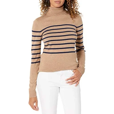 Imagen de Amazon Essentials Jersey de Cuello Vuelto, Manga Larga, Ligero y Ajuste Clásico (Disponible en Tallas Grandes) Mujer, Camel Azul Marino Franja Central, XL
