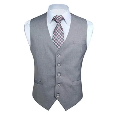 Imagen de Enlision Chaleco Vestir Gris Claro Hombre Elegante Chalecos Traje de Boda Color Liso Formal Negocio con Bolsillo L