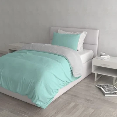 Imagen de Italian Bed Linen Natural Color y Funda de Almohada, Algodón, Verde Agua/Gris Claro, Doble pequeño