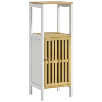 Imagen de HOMCOM Armario Alto de Baño Columna Mueble Auxiliar con 1 Estante Abierto Puerta y Ajustable 32x30x90,5 cm Natural Blanco