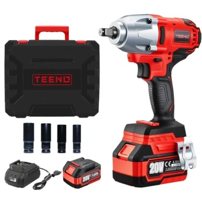 Imagen de TEENO Llave de impacto inalámbrica sin escobillas 1/2 pulgadas, 600 Nm, 20 V, con 4000 mAh, batería, atornilladora 4 boquillas (17/19/21/22 mm), para el automóvil y