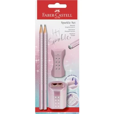 Imagen de Faber Castell 118298 Juego de lápices Sparkle, con sacapuntas, goma borrar y 2 lápices, set escritura rosa metalizada