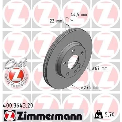 Imagen de ZIMMERMANN COAT Z 400.3643.20 Disco de freno 276 22 6/5 5 112 ventilación interna revestido altamente carbonizado MERCEDES BENZ: Clase B, A