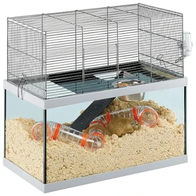 Imagen de Ferplast Jaula para Roedores GABRY 60 Jerbos, Hamsters, en Metal y Cristal, Accesorios incluidos: Comedero, Bebedero, Estante, Escalera, Juego de Pipas, 60x31,5xh52cm