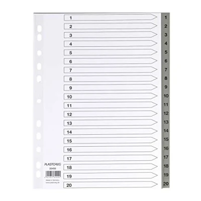 Imagen de Juego de 5 separadores 20 piezas polipropileno, DIN A4 con números del 1 al 20, cobertura total + práctica portada papel estable para escribir. Hojas separadoras la organización