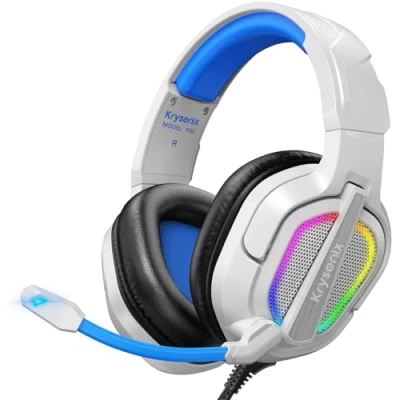 Imagen de Krysenix PG2 Auriculares Gaming para PS4/PS5/PC/Xbox/Nintendo Switch, Cascos con Sonido de Micrófono Estéreo IA, PS5 Conector 3.5 mm y luz RGB, Blanco/Azul