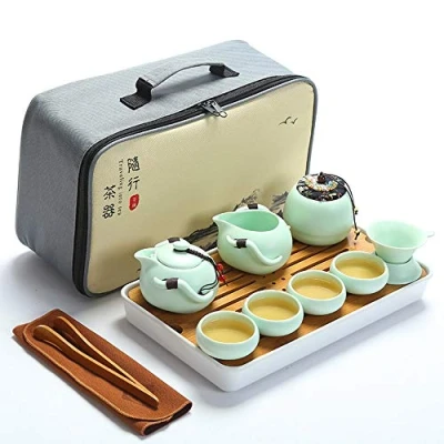 Imagen de fanquare Portátil Juego de Té Kung Fu, Chino Hecho a Mano, Tetera Porcelana, Tazas té, Bandeja bambú, con Una Bolsa Viaje, Verde