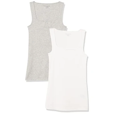 Imagen de Amazon Essentials Camiseta sin Mangas con Cuello Cuadrado y Corte Ajustado Mujer, Pack de 2, Blanco/Gris Claro Mezcla, XXL